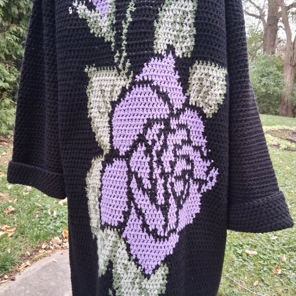 Black Long Sweater with Light Purple Rose and Scarf XL Plus - Picture 6 of 11